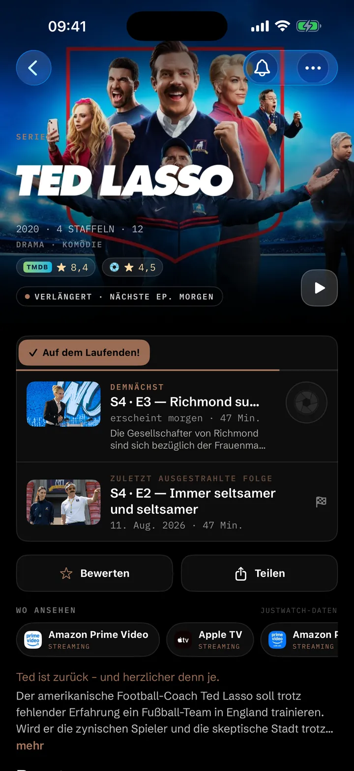 Detailseite einer Serie in Showries mit Fortschritt, Bewertung und der nächsten Folge
