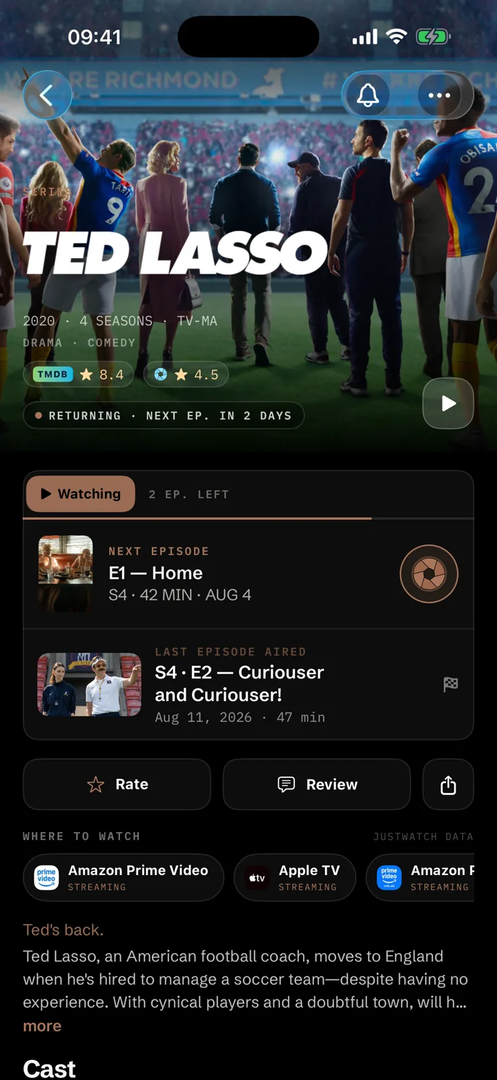 A show detail page in Showries with progress, rating and the next episode