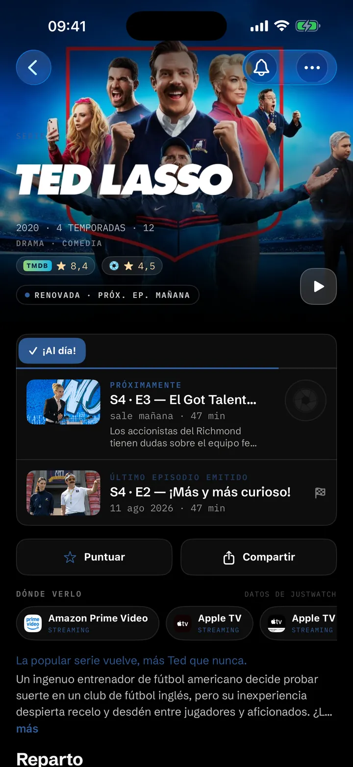 Ficha de una serie en Showries con progreso, puntuación y próximo episodio