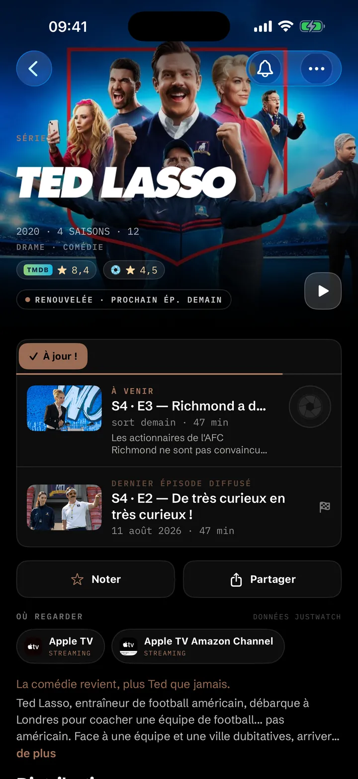 Fiche d’une série dans Showries avec progression, note et prochain épisode