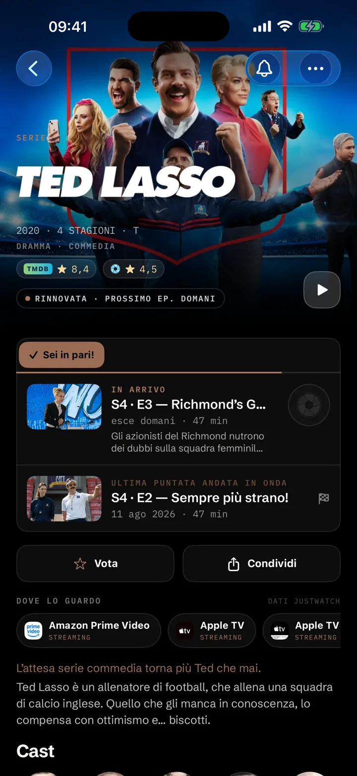 Scheda di una serie in Showries con avanzamento, voto e prossima puntata