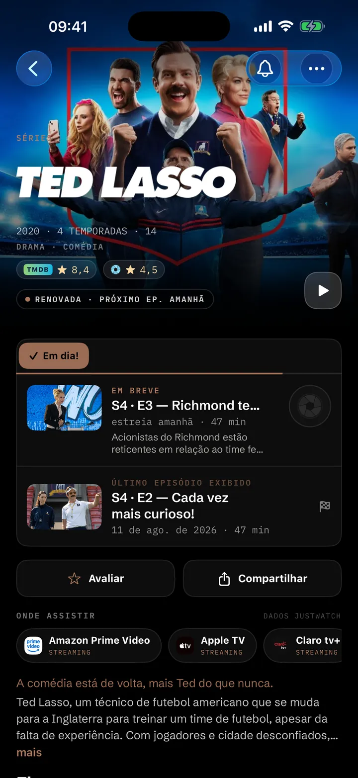 Ficha de uma série no Showries com progresso, nota e o próximo episódio
