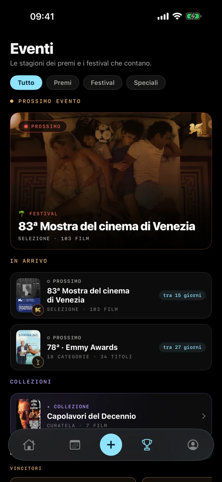Hub Eventi di Showries con premi, festival e collezioni
